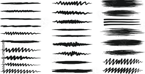 Collection of black brush strokes and lines offers versatile design elements for artistic projects and creative compositions.