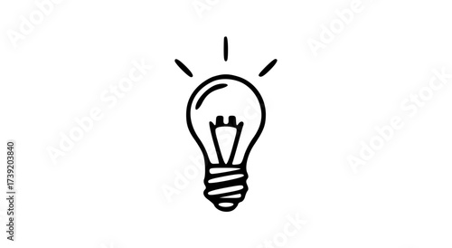 Simple black and white line drawing of a lightbulb, radiating light, representing an idea.