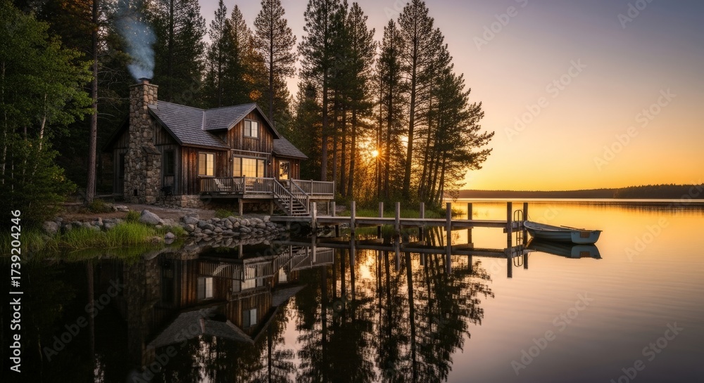 Obraz premium Escape to serene lakefront cabin at sunset with golden light and peaceful reflections for ultimate relaxation