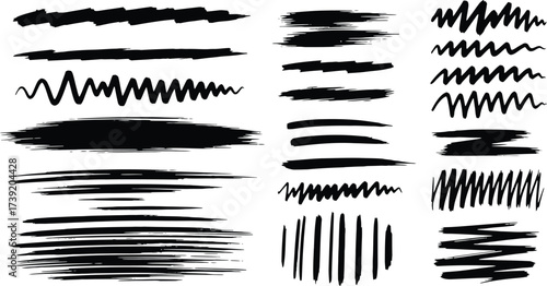 Black brush strokes collection offers artistic elements for graphic design projects, providing diverse textures and shapes for creative applications.