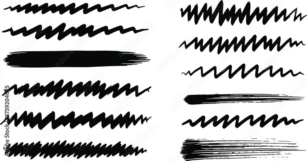 Obraz premium Black brush strokes and zigzag lines create a dynamic, artistic element for graphic design projects and creative compositions.