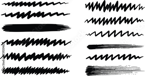 Black brush strokes and zigzag lines create a dynamic, artistic element for graphic design projects and creative compositions.