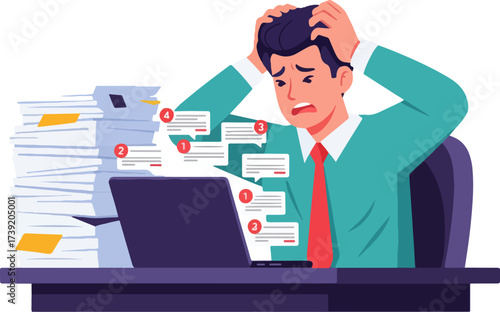 Flat vector illustration of an office worker stressed at the desk