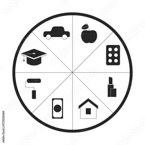 Budget allocation pie chart 2D line object. Segmented piechart with categories car, food, education, home, healthcare, expenses isolated clipart vector ink outline item. Monochrome spot illustration