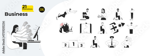 Business people and corporate employees doodle outline illustrations mega bundle. Competition, career. Multicultural office workers 2D linear images. Collection black and white vector hand-drawn