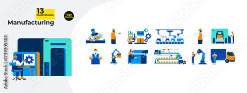 Industrial manufacturing and quality control cartoon flat illustrations mega bundle. Welding, assembly line, factory logistics, robotic 2D images isolated on white. Collection vector drawings colorful