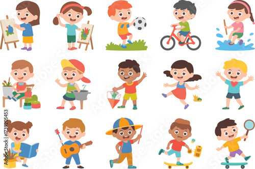 Delightful collection of cartoon kids engaging in various activities and recreational hobbies