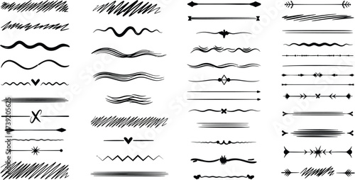 Elegant dividers and separators collection features hand drawn lines, decorative elements, and borders for design projects and layouts.