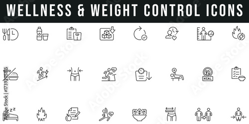 Wellness & weight control line icon set covers diet, fitness, workout, training, waist, metabolism, energy, strength, exercise, and nutrition. Simple, editable stroke vectors clean and minimal design