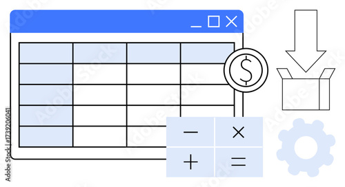 Spreadsheet window with rows, calculator, dollar sign, gear wheel, and download box. Ideal for finance, budgeting, data analysis software accounting technology operations. Simple flat metaphor