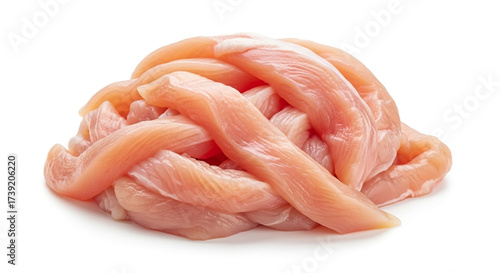 Photo of heap of raw turkey breast strips isolated on white background, close up