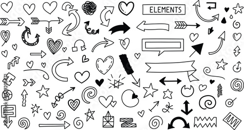 Hand drawn doodle elements featuring arrows, hearts, stars, and banners for creative design projects and artistic compositions.