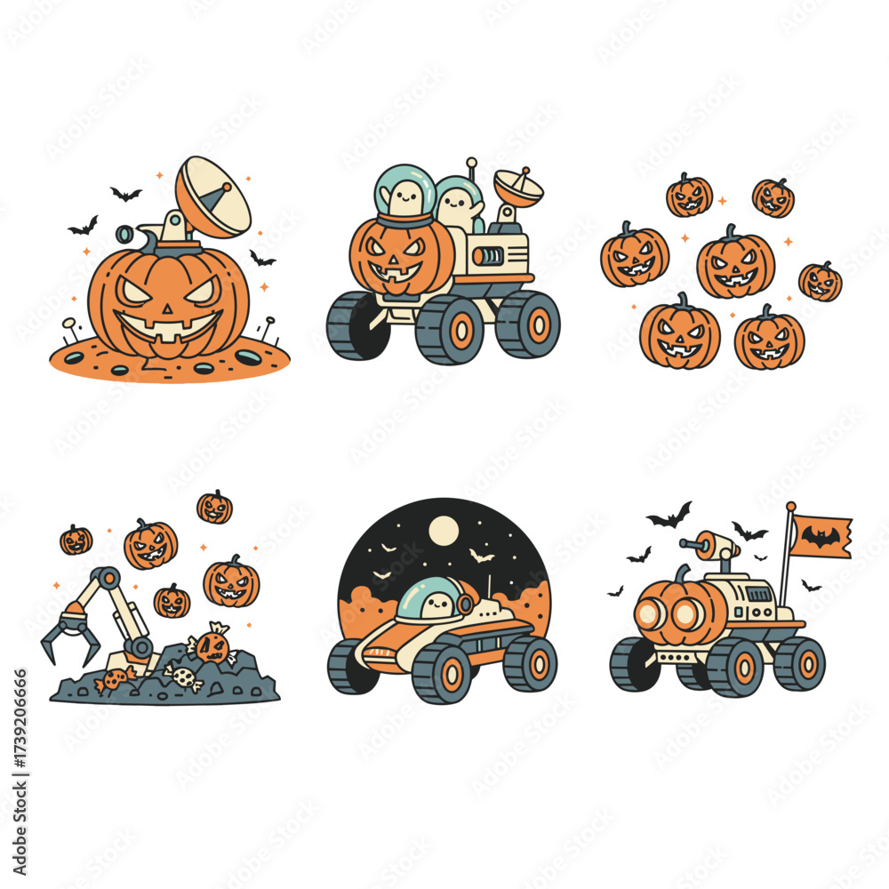 Fototapeta premium Retro Halloween Space SVG Vector Set Vintage Spooky Pumpkin Rover Illustrations Cute Ghost Astronauts, Candy, Bats and Jack-o’-Lantern Planet Clipart for T-Shirt and Print Designs