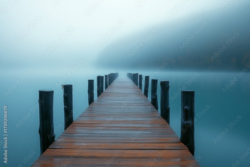 Obraz premium A Serene Wooden Dock Stretching into a Misty Lake, Embracing the Calm of Nature s Beauty