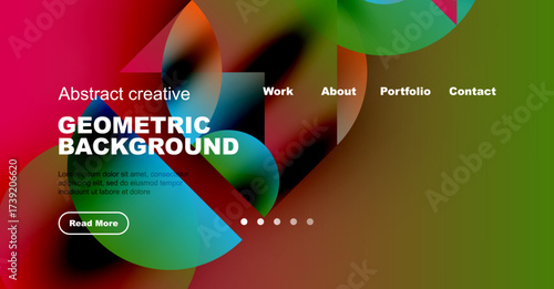 Abstract website header design. Vibrant colors blend, creating dynamic geometric shapes. Text overlays provide navigation options.