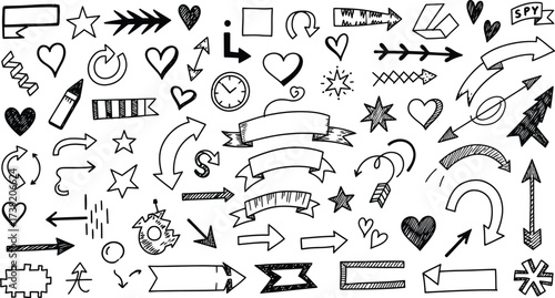 Hand drawn doodle elements feature arrows, hearts, stars, banners, and other sketch illustrations for creative design projects.