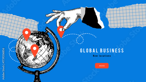Trendy collage concept of growing business worldwide, international connection, global trade, logistics. Retro sketch hand drawn vector illustration.