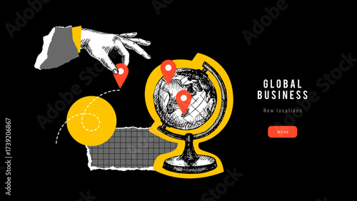 Trendy collage concept of growing business worldwide, international connection, global trade, logistics. Retro sketch hand drawn vector illustration.