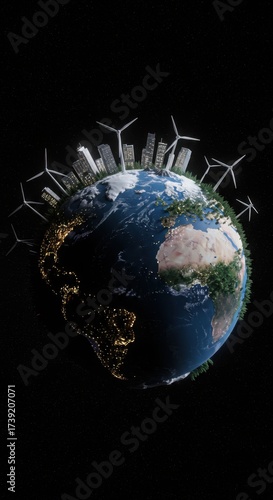 Earth with wind turbines and city skyline on black background.