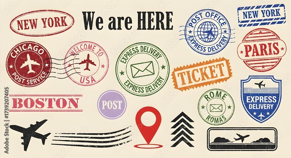 Fototapeta premium We Are Here Vintage Travel Stamps Collection | Retro City Postmarks and Airplane Stickers for Tourism, Delivery Services and Global Business Marketing