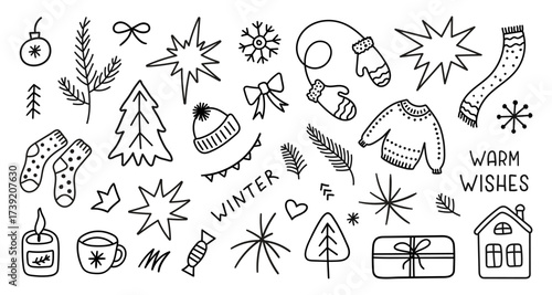 Winter doodle set of seasonal elements isolated on a white background. Christmas hand drawn sketch. Vector retro icons