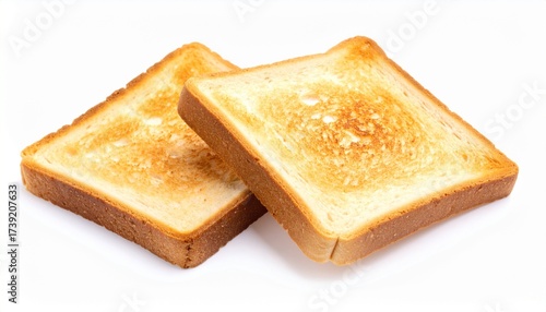 Two slices of golden-brown toasted bread with crisp texture placed on white background for editorial breakfast food photography nutrition and minimalist culinary-themed visuals