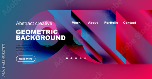 Vibrant abstract background features geometric shapes, text elements, navigation menu. Modern design with purple, pink hues.