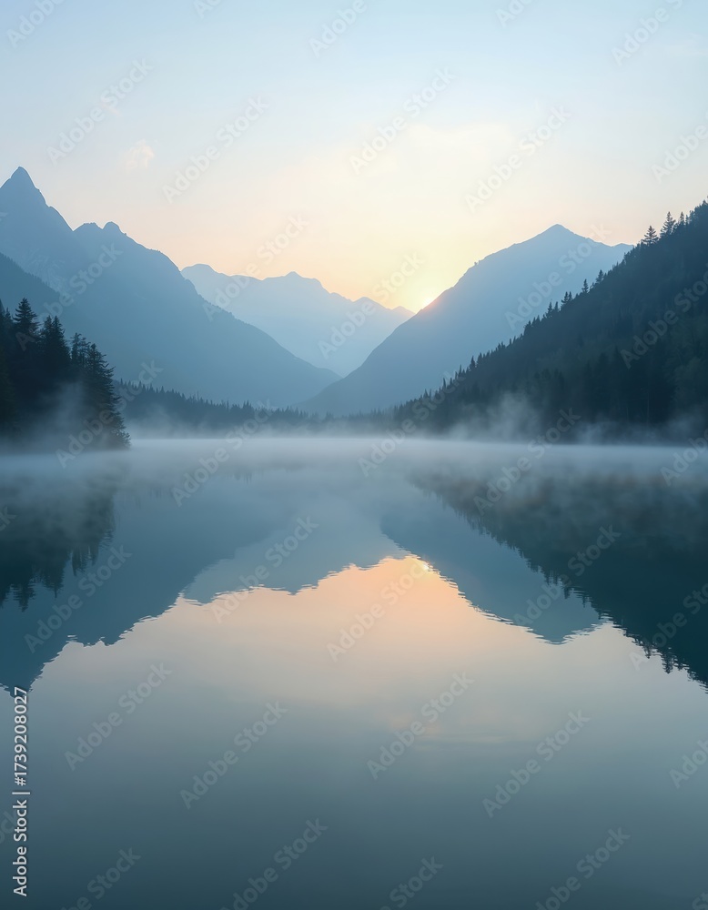 Fototapeta premium Tranquil lake at dawn with still water reflecting surrounding trees, mountains. Soft mist rises from surface. Sky gradient of colors as sun begins to rise. Calm lake water mirrors mountain range.