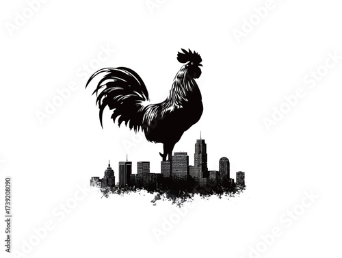A striking rooster silhouette dominates the urban skyline, capturing the contrast between nature and city life during sunset hours. The scene reflects harmony and vitality.