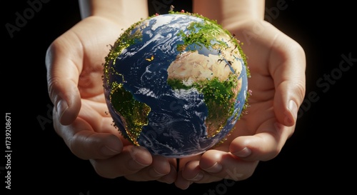 Hands holding planet earth with vegetation and city lights.