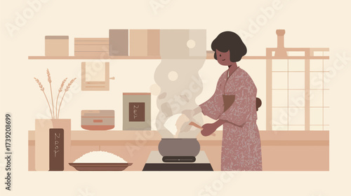A woman in a simple brown robe stirs rice in a pot over a stove. The kitchen features natural materials and organized ingredients.
