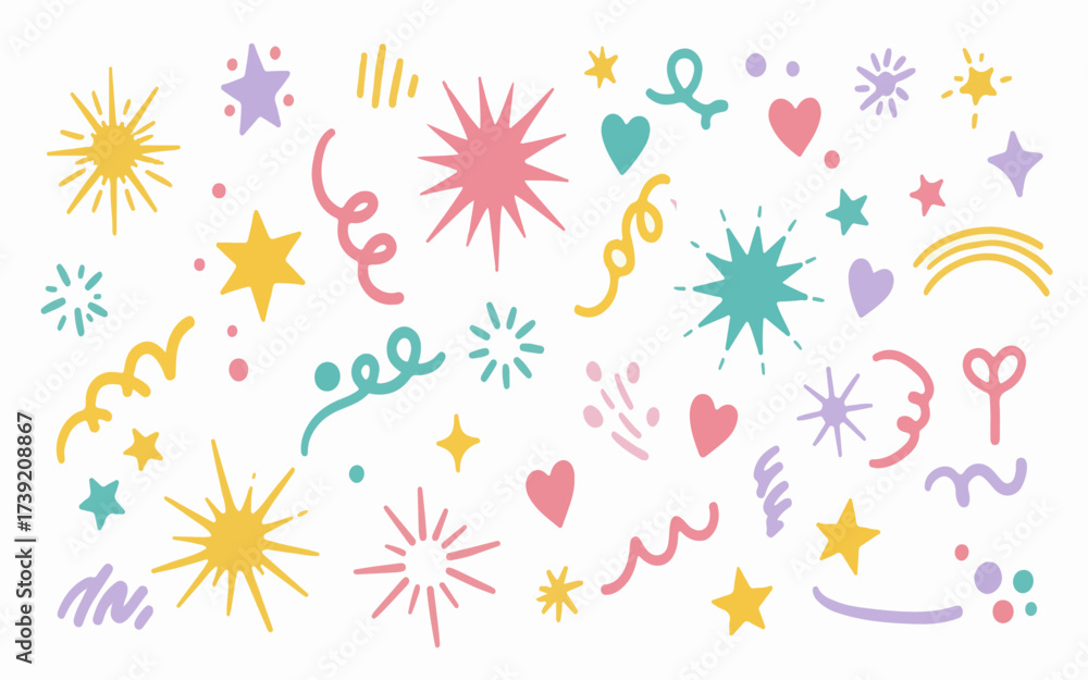 Obraz premium Cute Hand Drawn Doodle Celebration Elements Set. Colorful Vector Collection of Stars, Hearts, Serpentine, and Sparkle Shapes. Pastel Graphic Assets for Party, Kids, Birthday, and Festival Design.