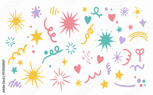 Cute Hand Drawn Doodle Celebration Elements Set. Colorful Vector Collection of Stars, Hearts, Serpentine, and Sparkle Shapes. Pastel Graphic Assets for Party, Kids, Birthday, and Festival Design.