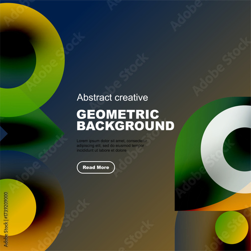 Abstract geometric design features colorful overlapping circles, text, button. Modern aesthetic, vibrant hues create dynamic composition.