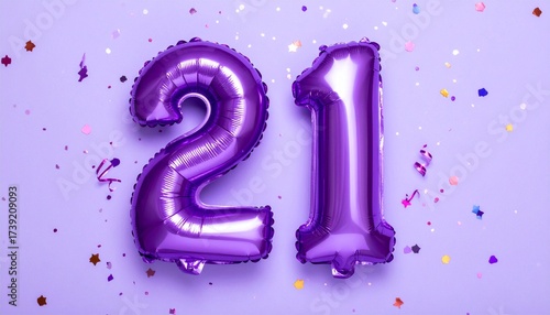 Purple balloon number 21 with confetti on solid colored background. Photo for anniversary or birthday party