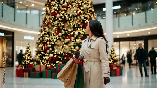 Holiday shopping joy in a festive mall setting with christmas decor