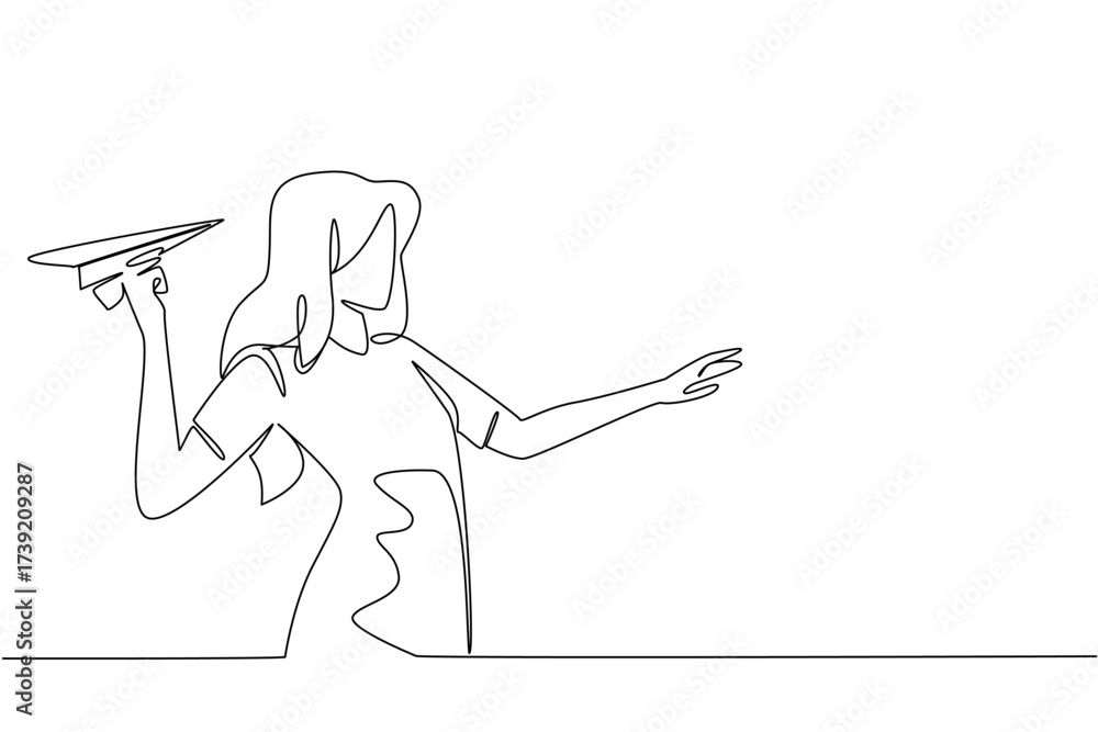 Obraz premium Continuous one line drawing a woman in casual clothes stands and holds a paper airplane. Get creative with origami paper. National Paper Airplane Day. Single line draw design vector illustration