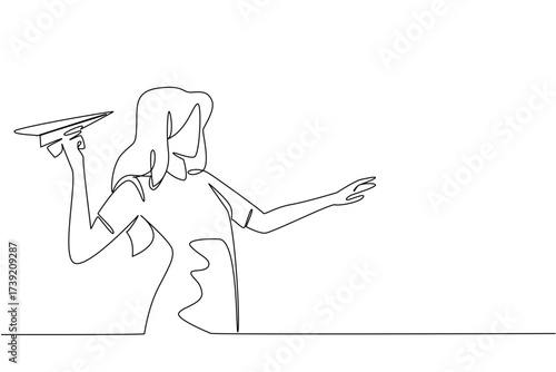 Continuous one line drawing a woman in casual clothes stands and holds a paper airplane. Get creative with origami paper. National Paper Airplane Day. Single line draw design vector illustration