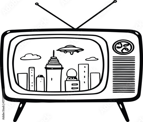 Vintage TV Showing Future City Line Drawing