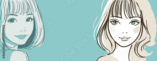 Two women showcase various hairstyles in a contemporary artistic style against a calming teal background. The illustration highlights their unique looks and expressions.