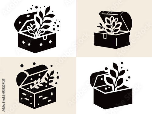 Various artistic representations of treasure chests are filled with plants, showcasing a blend of creativity and nature. Each design highlights unique patterns and plant life.