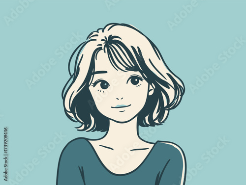 A young woman with medium-length hair and a gentle expression is portrayed. She wears a simple top and has a friendly demeanor, set against a soft blue backdrop.