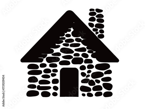 Black outline illustration of a stone house featuring a chimney, designed in a minimalist style on a white background. This artwork highlights basic shapes and forms.
