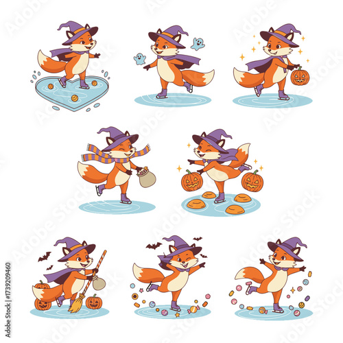 Retro Halloween Witch Fox Vector Set, 6 Spooky Cartoon Foxes Ice Skating with Candy, Glowing Jack-o’-Lanterns, Ghost Companions, Bats, and Magical Trails, Bold Vintage Illustrations for T-Shirts