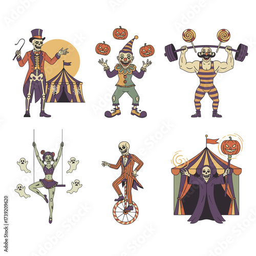 Retro Halloween Zombie Circus Vector Set, 6 Spooky Cartoon Zombies as Ringmaster, Clown, Strongman, Acrobat, Unicyclist, and Magician with Candy and Pumpkins for T-Shirts