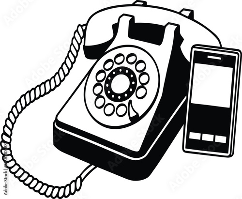 Old Telephone With Hologram Screen Outline