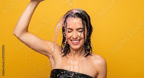 Joyful Woman Showered with Water, Smiling with Happiness.