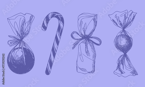 Retro hand drawn sketch set with candy cane and wrapped sweets in bold monochrome on pastel background.