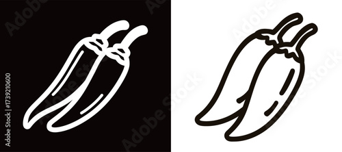 Two stylized chili peppers shown against a black and white background highlight their distinct forms and curves, emphasizing the beauty of this popular spice.