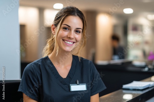 A friendly healthcare worker is sitting at the reception desk, smiling warmly. Bright lights illuminate the modern hospital environment, creating a welcoming atmosphere for patients